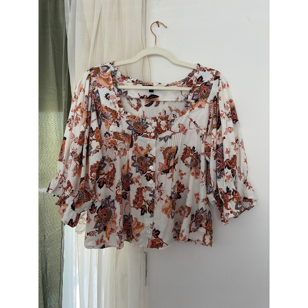 Rachel Rachel Roy Blouse Womens Small White Floral Linen Puff Sleeve Top Boxy